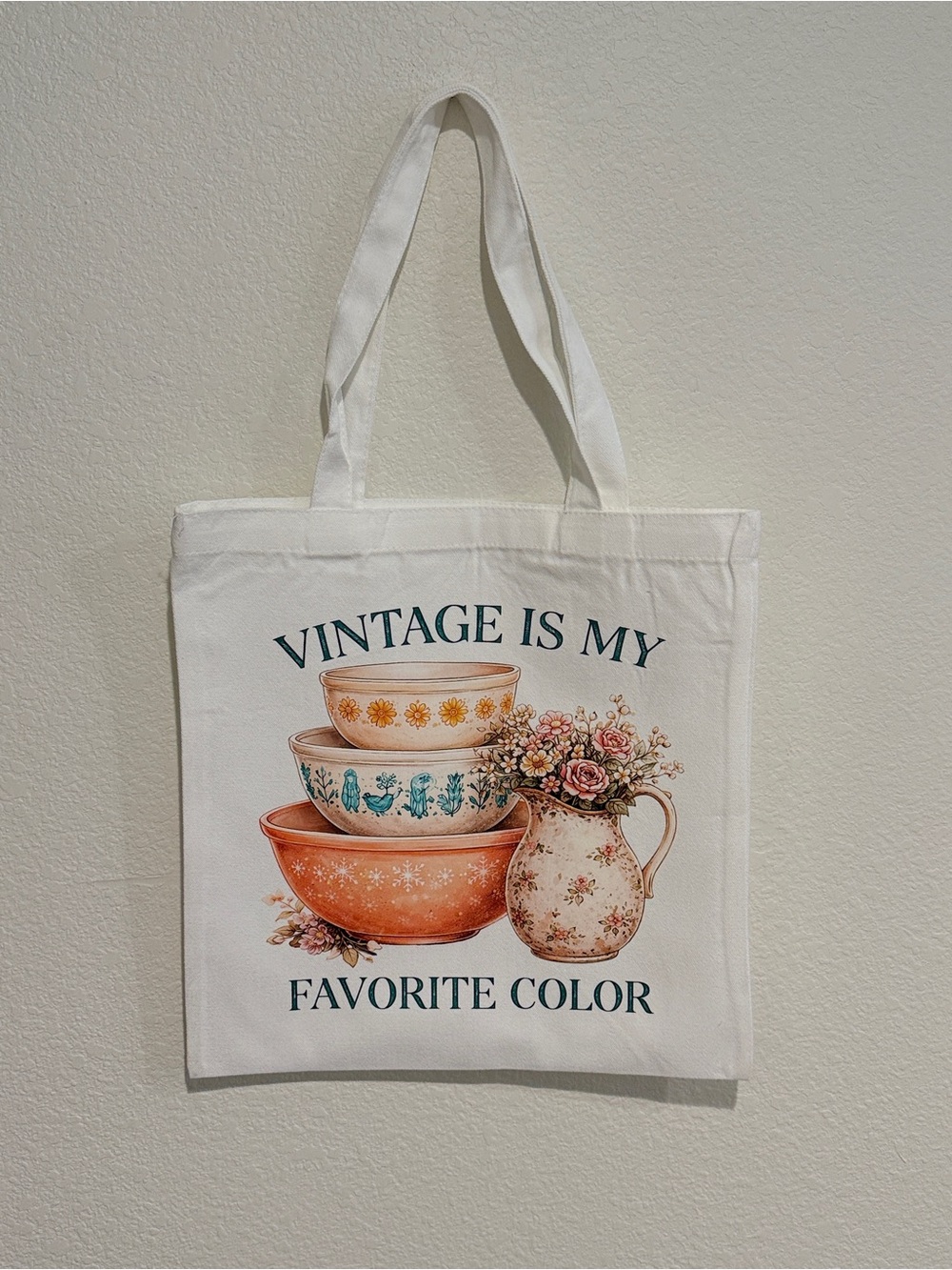 Handmade Canvas Tote Bag with Vintage Is My Favorite Color Graphic - White - Picture 1 of 2